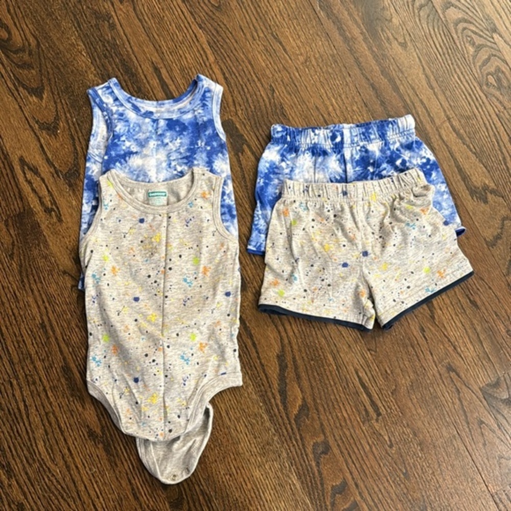 Boy Garanimals two matching sets Tiedye and splatter paint onesie and shorts